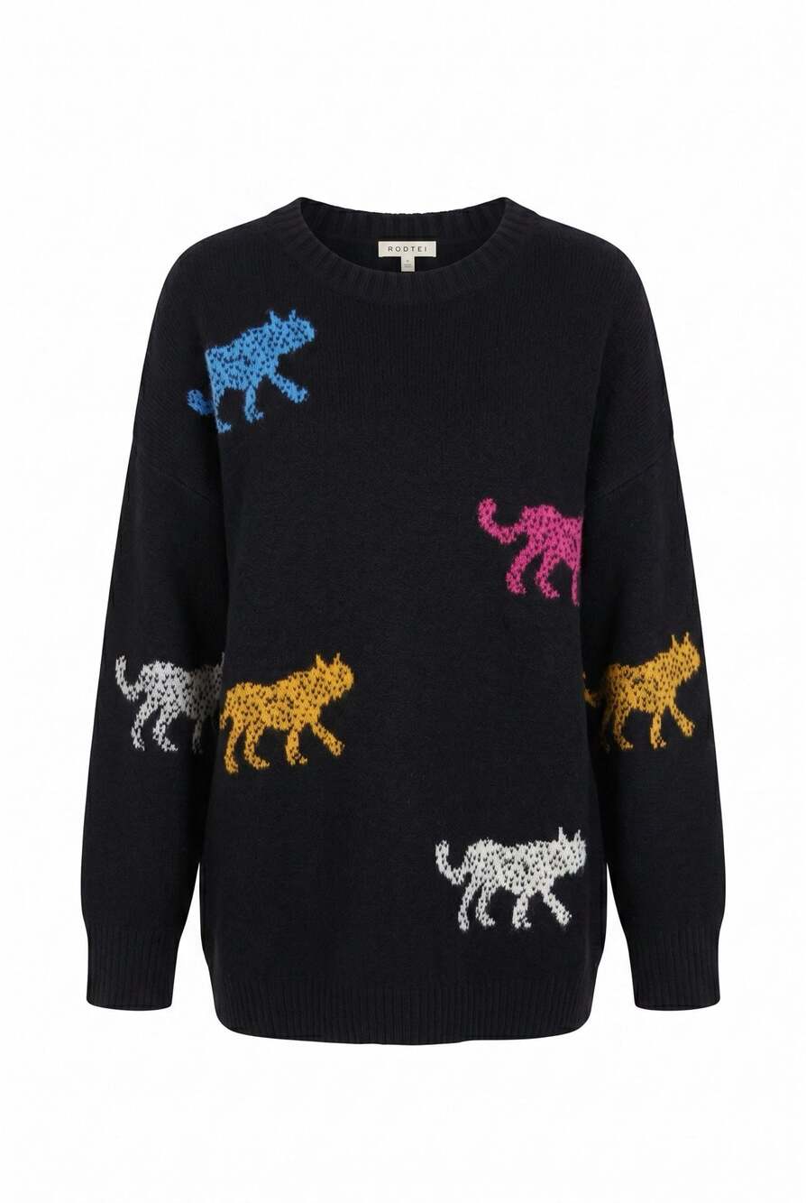 JODIFL Black Cat Print Crewneck Sweater #1325